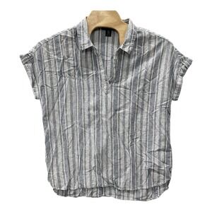 Tahari Top Womens Size 1X Linen Blend‎ Short Sleeve Collared V-Neck Blue Striped